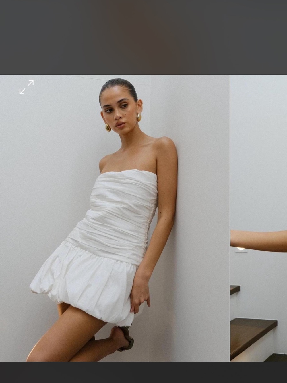 Meshki Cream Strapless Ruched Bubble-Hem Mini Dress